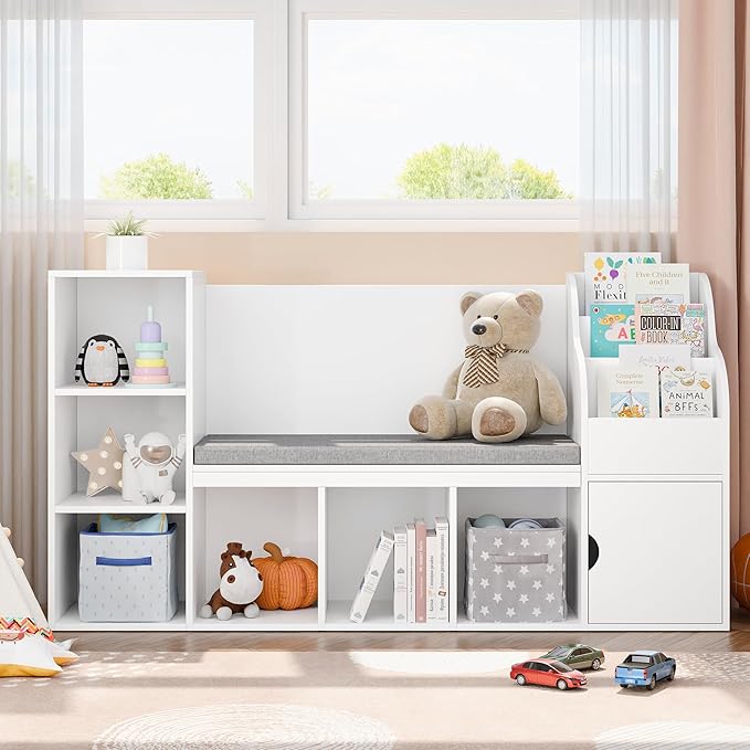MU Kids Bookshelf with Reading Nook, Toddler Bookcase Bench with Seat Cushion and 7 Storage Cubbies, Kids Reading Nook for Boys & Girls, Toy Storage Bench Box for Bedroom, Playroom, Nursery, White-Ruum Studio Home