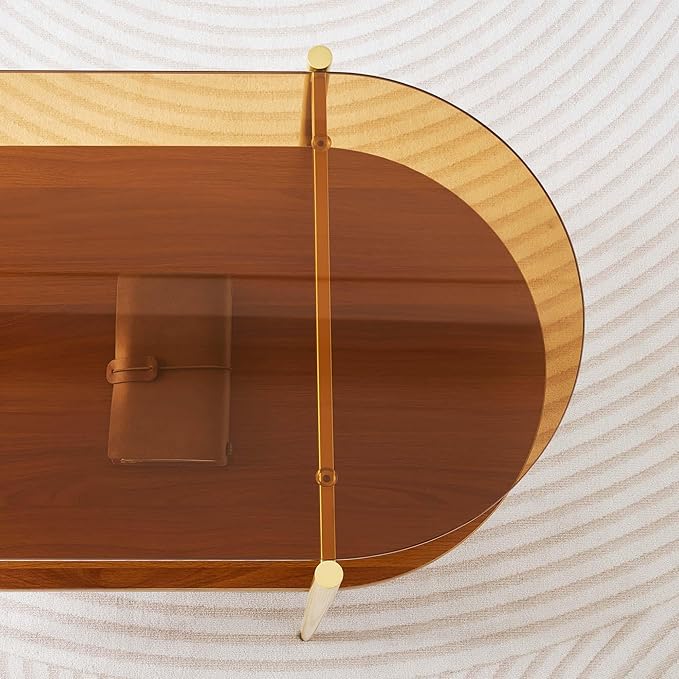 Oval Glass Coffee Table, Mid-Century Modern Design, L41 x W21 x H17 inch, for Living Room, 2-Tier Structure, Amber Glass Top and Walnut Finish Wood Shelf, Conical Legs with Gold Finish Frame-Ruum Studio Home