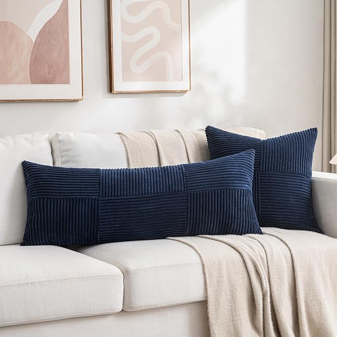 Fancy Homi 2 Packs Navy Blue Decorative Throw Pillow Covers 18x18 Inch for Living Room Couch Bed, Rustic Farmhouse Boho Home Decor, Soft Corss Corduroy Patchwork Textured Square Cushion Case 45x45 cm-Ruum Studio Home