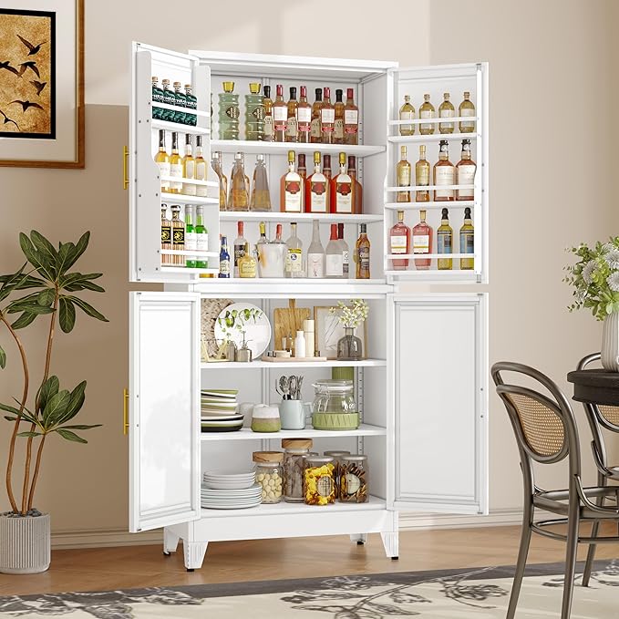 74.8" Tall Metal Food Cabinet, White Kitchen Pantry Cabinet, Storage Cabinets with 4 Door and 4 Adjustable Shelves, Steel Freestanding Cupboard for Kitchen Dining Room Living Room Bathroom-Ruum Studio Home