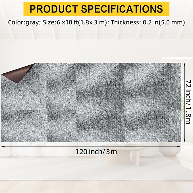 Marine Carpet,6 FT x 10 FT Smoke Gray Indoor Outdoor Carpet 0.2" Thick Boat Carpet with Water-Proof TPE Backing, Non-Slide Outdoor Marine Carpet Roll for Home, Patio, Porch, Deck-Ruum Studio Home