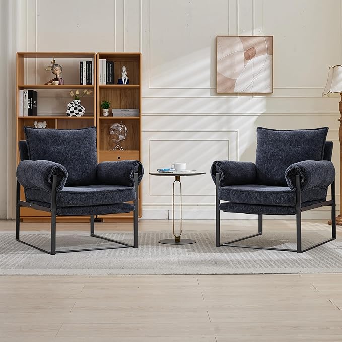 YISHENG Accent Chair with 6-Angle Adjustable Backrest, Chenille Fabric Living Room Chair Upholstered Lounge Chair, Modern Chair Cozy Reclining Chair for Reading Room, Set of 2 Dark Blue-Ruum Studio Home