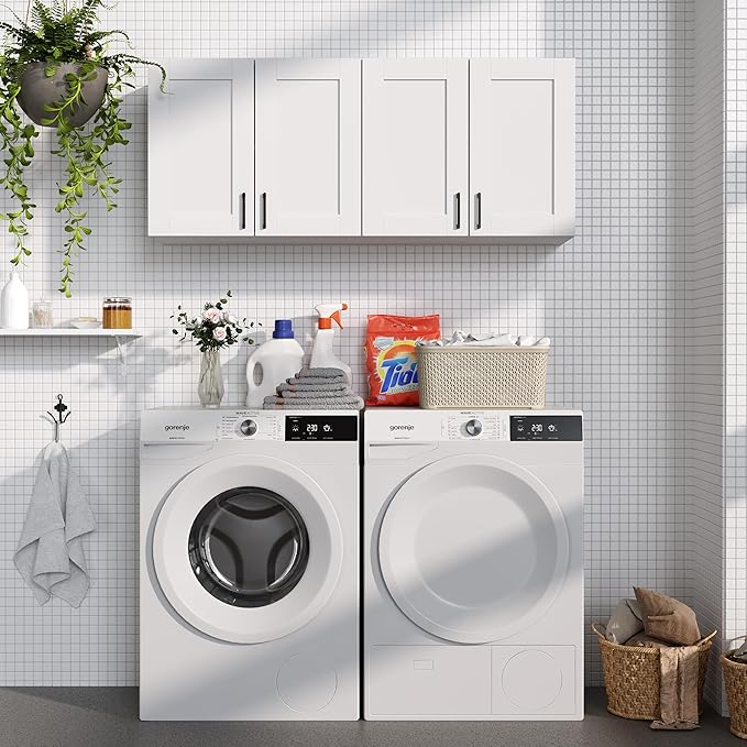 White Laundry Room Cabinets and Storage with 4 Doors and Utility Adjustable Shelf，Gabinetes Para Cocina Cupboard Kitchen Organizers and Storage Pantry Wall Mounted 12.4"D x 47.2"W x 19.7"H-Ruum Studio Home