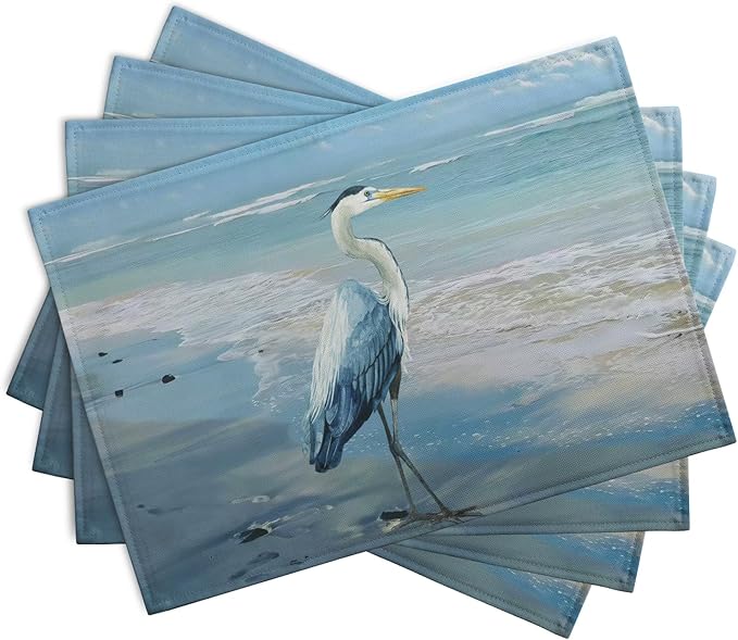 Blue Heron Placemats Set of 4 Summer Coastal Beach Pelican Placement Mats for Dining Table Nautical Ocean Bird Pattern Washable Non-Slip Heat-Resistant Linen Place Mats-Ruum Studio Home