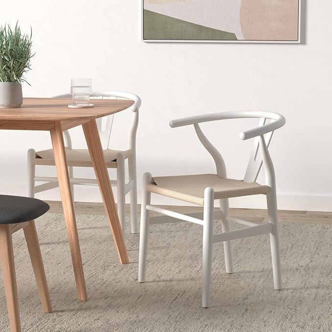 POLY & BARK Weave Dining Chairs – Mid-Century Modern Wishbone Dining Chairs with Arms, Solid Wood Frame, Indoor Use – White – Set of 2 - Ideal for Dining Room, Kitchen or Stylish Accent Setting-Ruum Studio Home