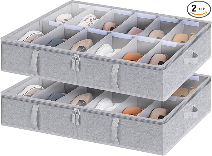 StorageWorks Under Bed Shoe Storage Organizer, Underbed Shoes Container with Adjustable Dividers, Shoe Storage Basket with Cover, Grey, 2-Pack, Space-Saving Shoe Box Fits up to 24 Pairs-Ruum Studio Home