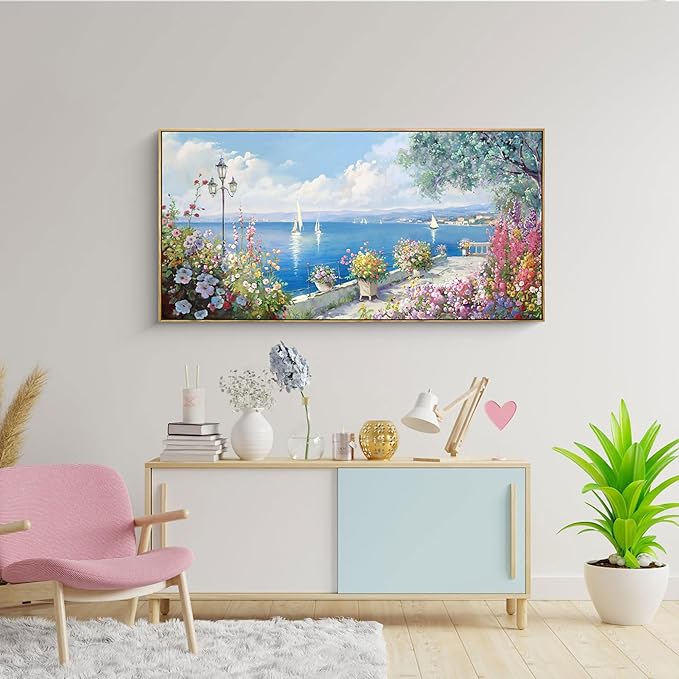 XLSJERST Blue Coastal Wall Art - Ocean Seascape Canvas Yellow Green Flowers Painting Landscape Sailboat Picture Artwork Modern Large Framed for Living Room Bedroom Home Office Decor 20"x40"-Ruum Studio Home