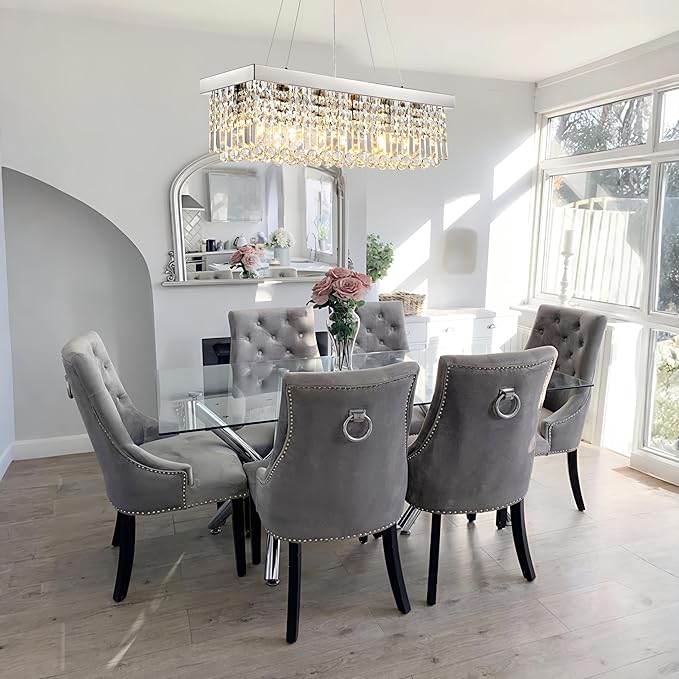 Modern Rectangular Crystal Chandeliers,8 Lights Rectangular Pendant Light Fixture,Adjustable Height K9 Crystal Chandelier for Dining Room L40''xW10''xH10''-Ruum Studio Home