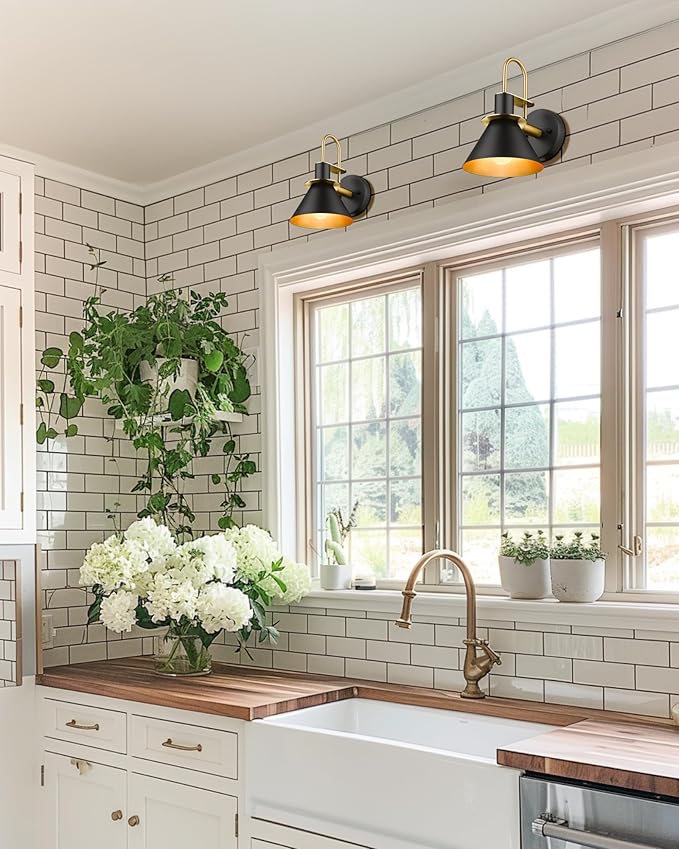 Industrial Wall Sconce Set of 2, HWH Modern 1-Light Bathroom Vanity Light Fixtures, Single Wall Sconce for Bedroom, Balcony, Over Mirror, Kitchen Sink, Black and Gold Finish, 5HZG56B-2 BK+BG-Ruum Studio Home