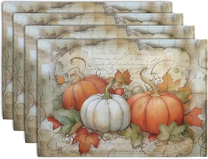 Fall Pumpkin Maple Leaf Placemats Set of 4, 12x18 Inch Vintage Autumn Harvest Rustic Leaves Table Mats Seasonal Fall Thanksgiving Washable Linen Fabric Place Mats for Party Kitchen Dining Decor-Ruum Studio Home