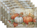 Fall Pumpkin Maple Leaf Placemats Set of 4, 12x18 Inch Vintage Autumn Harvest Rustic Leaves Table Mats Seasonal Fall Thanksgiving Washable Linen Fabric Place Mats for Party Kitchen Dining Decor-Ruum Studio Home
