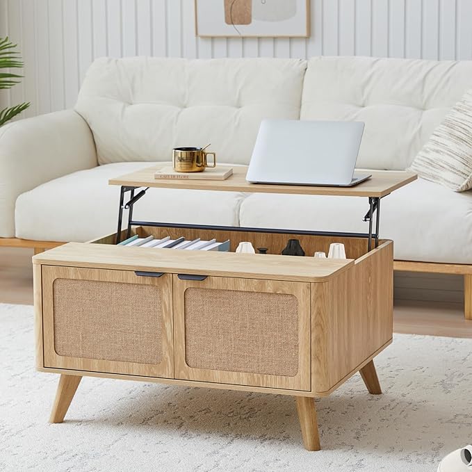 AVZEAR Wood Lift Top Coffee Table with Storage, Boho Modern Coffee Table with Nature Linen Doors & Large Hidden Storage, Rounded Corners Center Table Farmhouse Coffee Tables for Living Room, Natural-Ruum Studio Home