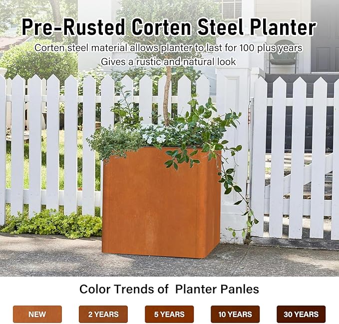 Corten Steel Planter Box 24"x24"x25", Large Square Metal Planter Indoor&Outdoor, Large Cube Planters with Drainage Hole for Porch/Patio/Garden-Ruum Studio Home