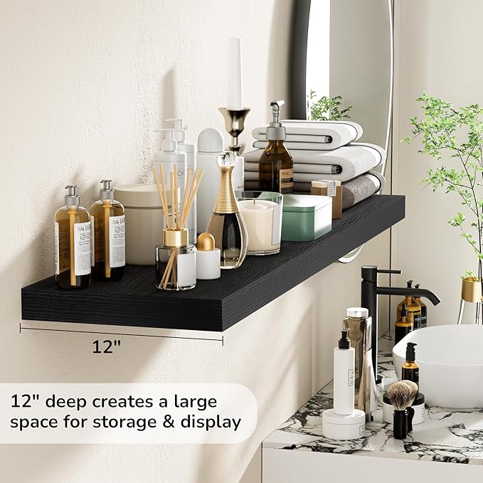Fun Memories Floating Shelves - 12 Inch Rustic Wooden Wall Shelves - Extra Deeper & Thicker Wall Mounted Storage Shelf for Living Room, Kitchen, Farmhouse - 48" W x 12" D x 1.8" H - Rustic Black-Ruum Studio Home