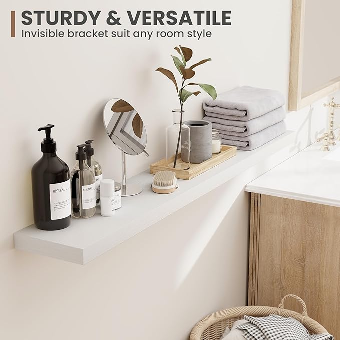 36 Inch Floating Shelves, 8 Inch Deep Floating Shelves for Wall, Hanging Shelf with Invisible Brackets, Deep Shelves for Bathroom, Bedroom, Living Room, White, Set of 2-Ruum Studio Home