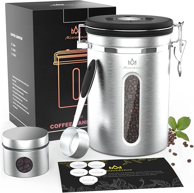 Coffee canister for ground coffee with Transparent Window,Date Tracker,CO2 Valve 304 Stainless Steel Kitchen Food Airtight storage container for Coffee Beans or Grounds, Tea, Sugar(Silver 22OZ)-Ruum Studio Home