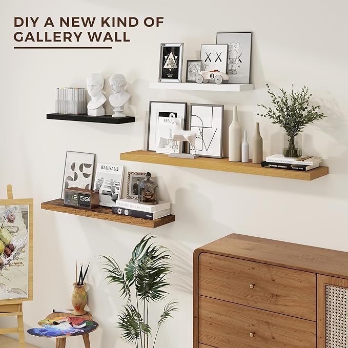 24 inch Floating Shelves Long Floating Shelves for Wall Large Wall Mounted Shelves with Invisible Brackets, Brown Shelves for Bathroom, Living Room, Kitchen, Office, 24x6.7 inch deep Set of 2-Ruum Studio Home