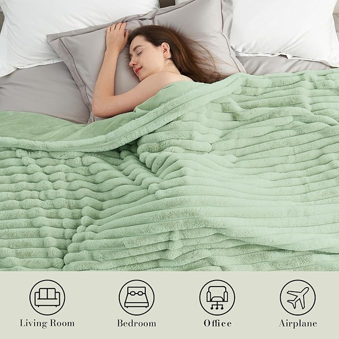 Amélie Home Faux Fur Throw Blanket for Couch, Cozy Fuzzy Fluffy Fur Luxurious Soft Striped Plush Gift Blankets for Family Sofa Chair Bed Living Room Bedroom, 55"x70", Sage Green-Ruum Studio Home