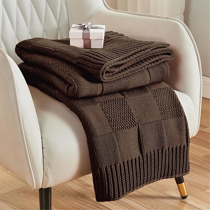 CozeCube Check Knit Throw Blanket, Dark Brown Checkered Throw for Couch, Decorative Christmas Soft Cozy Warm Knitted Blanket for Bed Sofa Living Room, 60"X80"-Ruum Studio Home