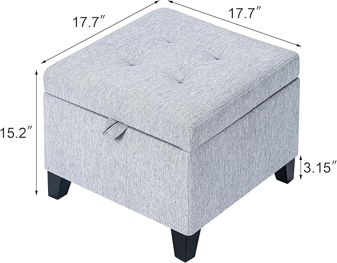 Adeco 18 Inch High Cube Ottoman Storage, Linen Chair Foot Stools, Upholstered Vanity Stool with Hinged Lid, Solid Wood Legs-Ruum Studio Home