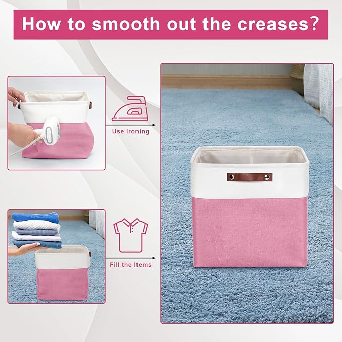13x13 Cube Storage Bins, Collapsible Fabric Storage Box, 4 Pack Closet Baskets with Handles for Organizing, Shelf, Toys, Clothes, Home, Office, Nursery (Pink&White)-Ruum Studio Home