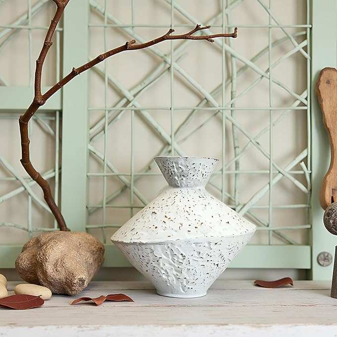 Cast Iron Decorative Vase, Dried Flower Rustic Vases, Wabi Sabi Vase for Modern Home Decor, Living Room, Shelf Decor, Enterway, Wedding, Office, Table, Bedroom, Kitchen, 8.86" H (White)-Ruum Studio Home