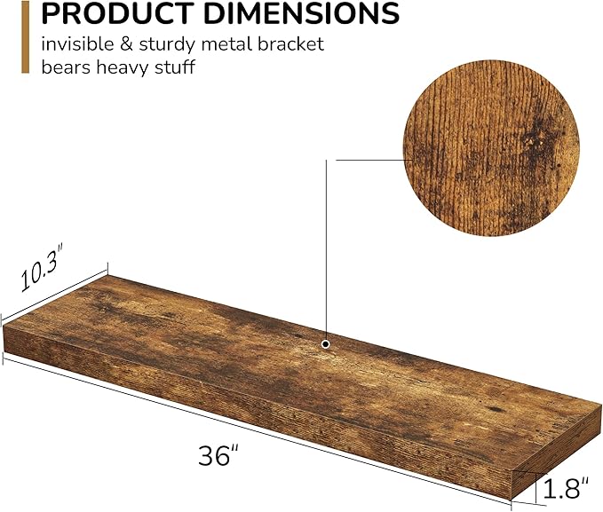 Floating Shelves - 10.3 Inch Deep Wall Shelf for Decor & Storage - Wall Mounted Display Shelving with Invisible Heavy-Duty Metal Bracket - 36" W x 10.3" D x 1.8" H - Set of 1 - Rustic Brown-Ruum Studio Home
