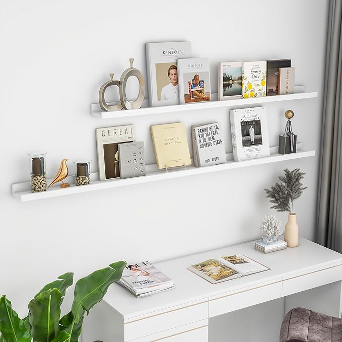 Solid Ash Wood Picture Ledge Shelf, 36 Inch Floating Shelves with Lip Set of 2, Photo Ledge Shelf Nursery Bookshelf Wall Mounted for Living Room Bedroom Decor, White-Ruum Studio Home