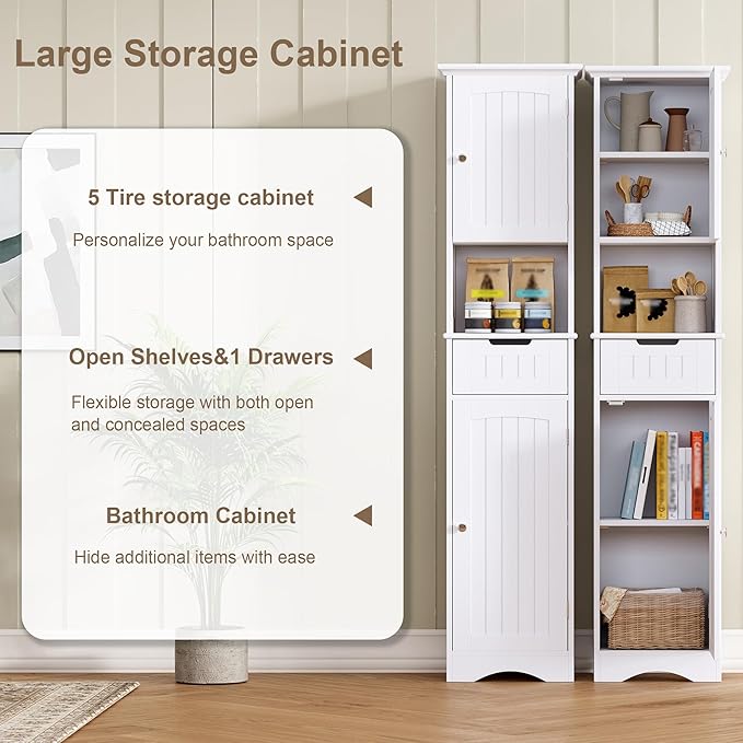 ChooChoo 67" Tall Bathroom Storage Cabinet Freestanding with Adjustable Shelves, Narrow Storage Linen Cabinet with 2 Doors and 1 Drawers for Bathroom, Living Room, Kitchen, White-Ruum Studio Home