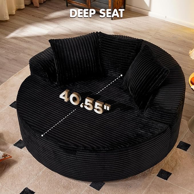 ovios 58" Oversized Round Chair Lounge Chaise Indoor, No Assembly Required, Cloud Large Circle Chair with Plush Fuax Fur, Fluffy Modern Sleeper Sofa Bed for Reading Yoga, Black (Plush Corduroy Fabric)-Ruum Studio Home