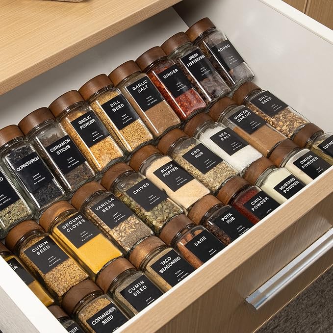 Yangbaga 34Pcs Glass Spice Jars with Labels-4oz Acacia Wood Lid Square Spice Containers with Pepper Grinder Lids &Funnel,Seasoning Jars for Rack Cabinet Drawer-Ruum Studio Home