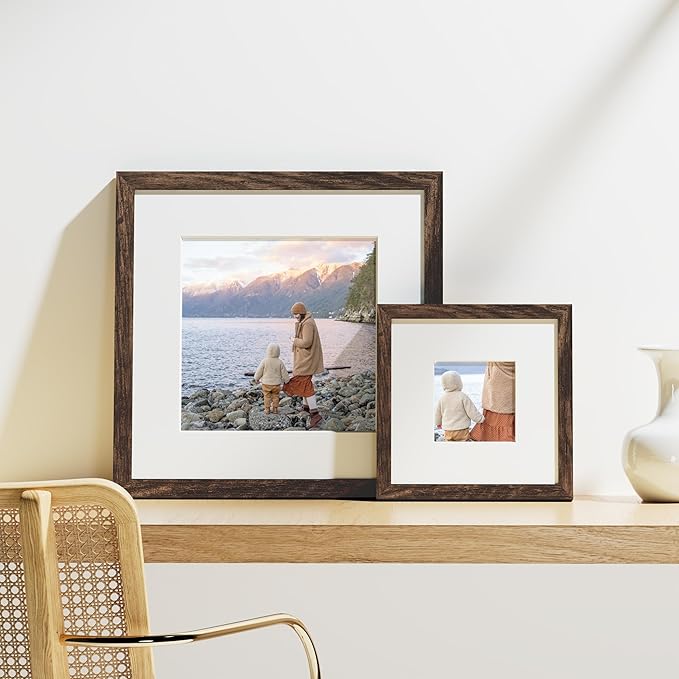 Vittanly 8x8 Picture Frames Set of 9, Shatter Resistant Plexiglass, Display 4x4 Pictures with Mat or 8x8 without Mat, Photo Frames for Wall Mount, Engineered Wood, Brown-Ruum Studio Home