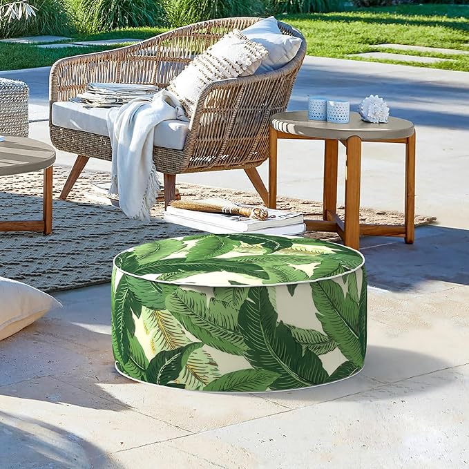 LVTXIII Outdoor/Indoor Round Inflatable Ottoman, All Weather Patio Footstool, Portable Footrest Seat for Patio Garden, Camping or Home, 21"x21"x9", Swaying Palms Green-Ruum Studio Home