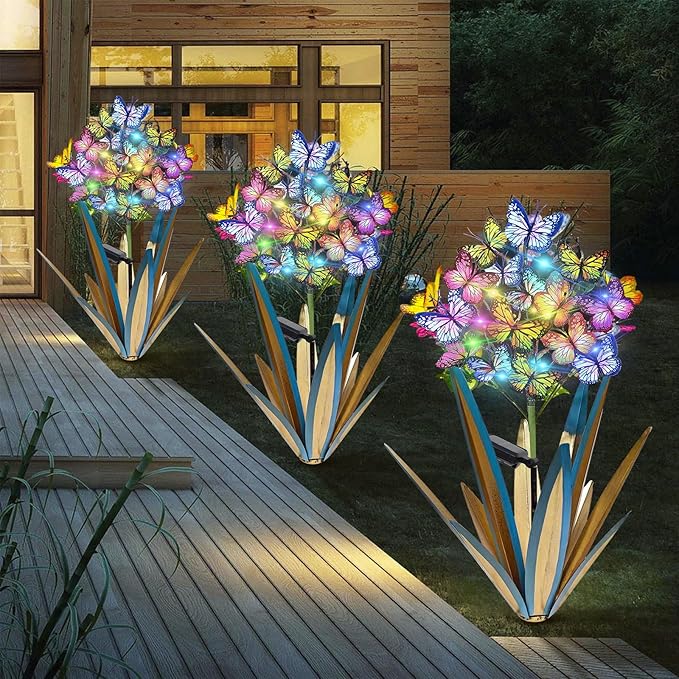 Homight Solar Metal Agave Butterfly Flower Stick Garden Sculpture - Outdoor Christmas Lights With Swaying Butterfly Sunflower - Solar Outdoor Gift (3 PCS Blue)-Ruum Studio Home