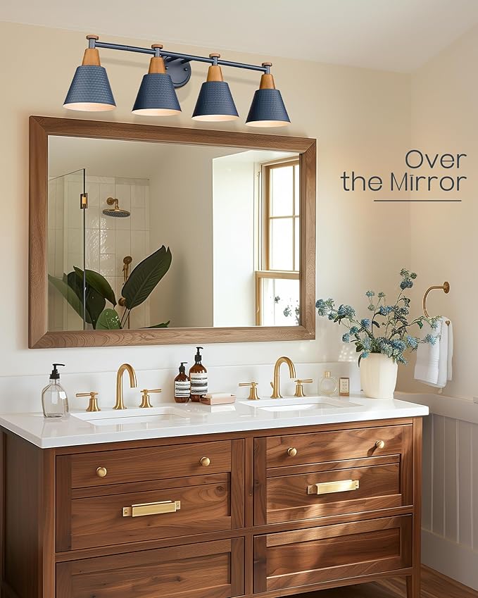 FEMILA 4-Light Bathroom Light Fixtures, Farmhouse Modern Vanity Lights Wall Lamp with Hammered Metal Shade Finish, Dark Blue, 4FG59B-4W Blue-Ruum Studio Home