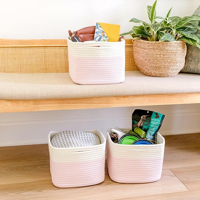 NaturalCozy Storage Cubes 9”x9”x7”Cotton Rope Woven Baskets for Organizing 3-Pack | 9 Inch Cube Storage Bin | Small Basket for Shelf Nursery, Pantry, Decorative Plant, Bathroom Closet, Toy Gift-Ruum Studio Home