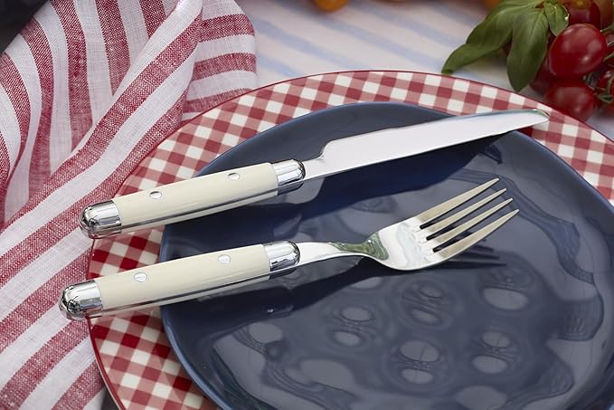 Cambridge Silverware Set, Jubilee White 16-Piece Flatware Set, Service for 4, 18/0 Stainless Steel, Silver Mirror Finish Beige Handles, Knives Spoons and Forks set, Dishwasher Safe, (Beige, 16 Pieces)-Ruum Studio Home