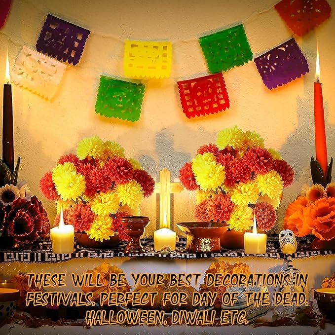 Kimura's Cabin 20Pcs Fake Silk Ball Flowers Artificial Chrysanthemum Faux Mums Bouquets Wedding Arrangements Halloween Home Table DIY Center Decoration (Orange Yellow)-Ruum Studio Home