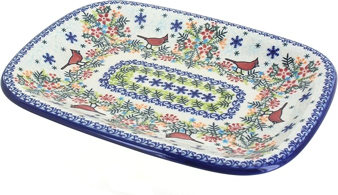 Blue Rose Polish Pottery Winter Cardinal Medium Rectangular Serving Platter-Ruum Studio Home