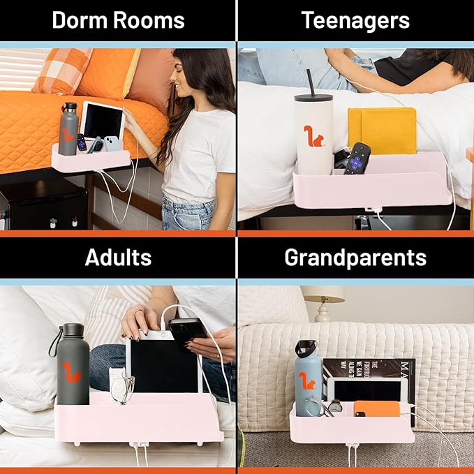 Squirrel Pink Bedside Perch for College Dorm Room Lofted Beds with USB-C & A Charging Ports, Teenage Gifts, Dorm Room Gifts, Gifts for college, fits most Hydro Flask, Oswala and Yeti bottles.-Ruum Studio Home