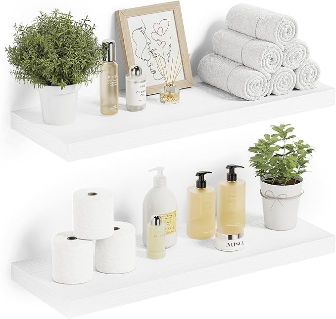 Floating Shelves for Wall 24 inchs Long, 9.1” deep x 1.5” Wall Shelf for Bedroom, Bathroom, Living Room, Kitchen, Office Home Decor, Deep Wood Shelves with Invisible Brackets, Set of 2 White-Ruum Studio Home