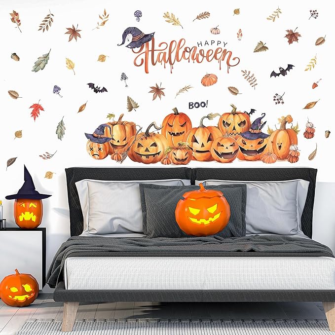 clothmile 38.18 x 36.15 Inch Halloween Wall Decals Halloween Pumpkins Bat Leaves Wall Stickers Removable Halloween Peel and Stick Sticker for Halloween Party Supplies Home Window Decor-Ruum Studio Home