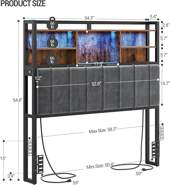 Headboard with 3-Tier Storage Shelves, Velvet Upholstered Head Board with 2 Outlets, USB Ports & LED Light, Soft Backrest for Full Size Bed, Rustic Brown and Black BH13801B-Ruum Studio Home
