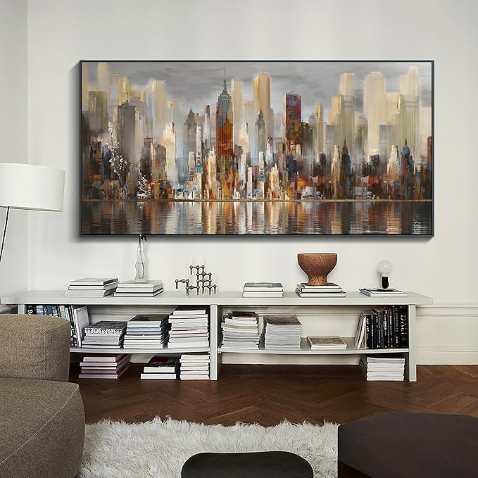 Mofutinpo Large Black Framed Cityscape New York abstract wall art Brown City Theme Paintings Modern Canvas office wall decor living room modern artwork Size 30x60-Ruum Studio Home
