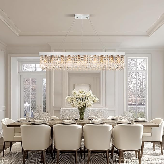 Rectangle K9 Crystal Chandelier,10 Lights Modern Rectangular Hanging Ceiling Pendant Light Fixture for Dining Room Kitchen Island,Polished Chrome Finish L47''xW10''xH10''-Ruum Studio Home