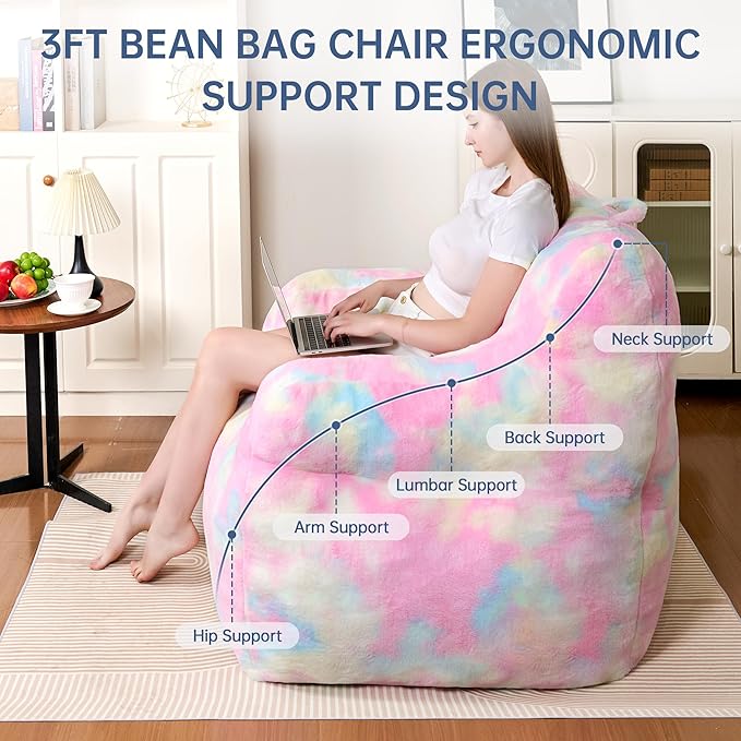 Recaceik Large Plush Bean Bag Chairs, Memory Foam Bean Bag Chair for Adults & Kids with Armrests, Comfy BeanBag Lounge Lazy Floor Sofa Accent Chair for Living Room, Bedroom, Dorm, Colorful Rainbow-Ruum Studio Home