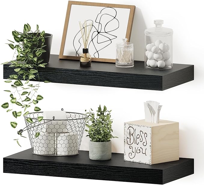Black Floating Shelves for Wall, 16 inchs x 6.7” deep x 1.4” Wall Shelf for Bathroom Bedroom, Living Room, Kitchen, Office Home Decor, Narrow Wood Shelves with Invisible Brackets Set of 2-Ruum Studio Home