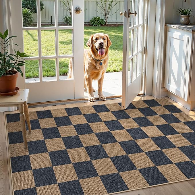 Lahome Checkered Easy Jute Indoor Outdoor Carpet, 3x5 Washable Rugs for Entryway Living Room Farmhouse Area Rug, Non Slip Blue Checkerboard Indoor Door Mat for Entry Patio Deck-Ruum Studio Home