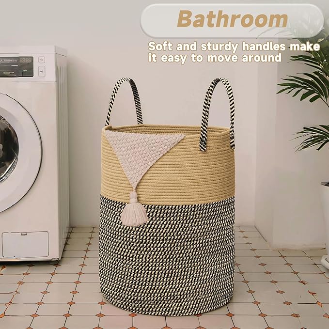 Large Woven Laundry Basket Hamper,100L Cotton Rope Storage Bin for Blankets,Toys and Clothes,Decorative Tall Nursery Hamper for Living Room,Baby Nursery,Bathroom and Bedroom,Brown and Black-Ruum Studio Home