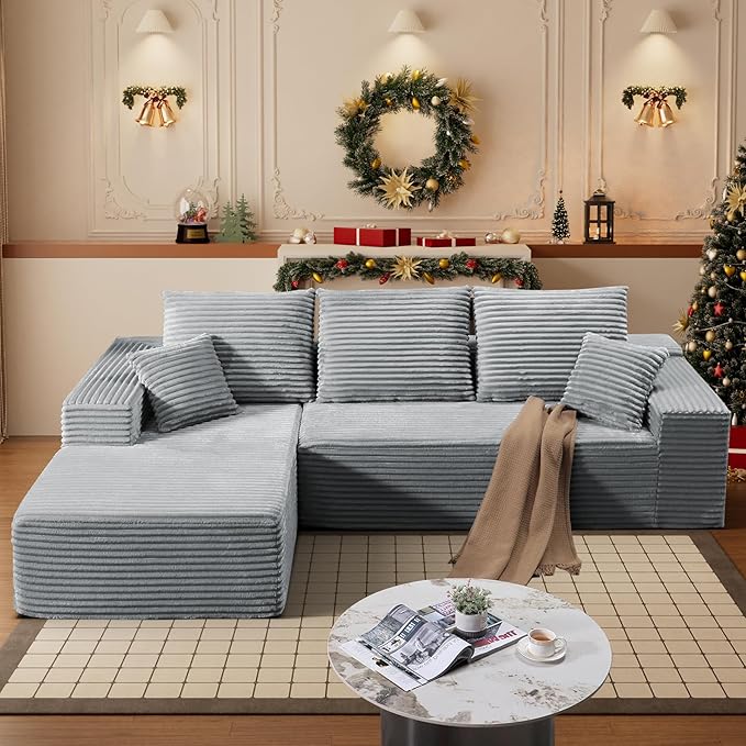 HYJT-H&K Modular Sectional Sofa Cloud Couch, 107" Comfy L Shaped Sectional Couches for Living Room, Deep Seat Memory Foam Plush Fluffy Corduroy Boneless Couch Sectionals Left Facing Sofa Chaise Grey-Ruum Studio Home
